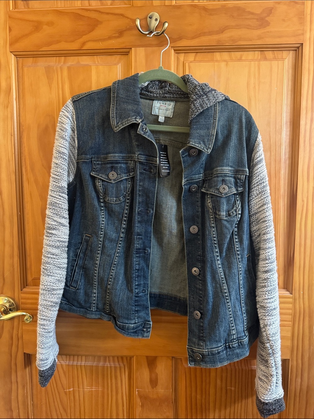 torrid Dark Blue Denim Jacket with Light Gray Knit Sleeves and Hood